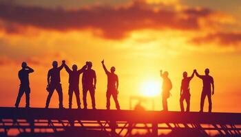 Workers celebrating teamwork at sunset, silhouetted against sky photo