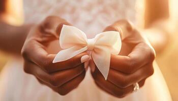 Close up of hands tying delicate bow on bridal gown, showcasing elegance and love photo