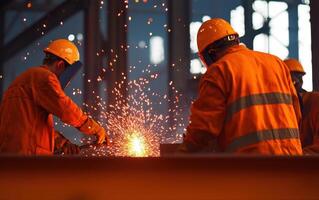 Welders working in industrial setting, sparks flying, wearing safety gear photo