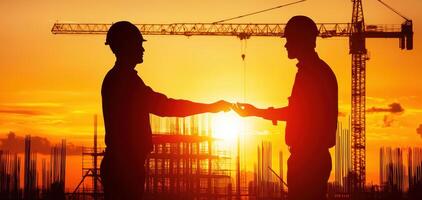 Construction workers silhouette shaking hands at sunrise, teamwork spirit photo