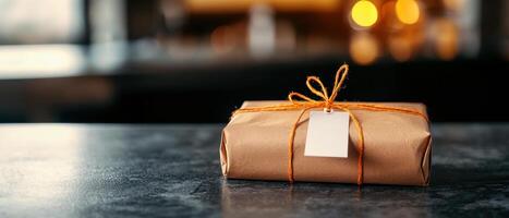 close up of wrapped parcel with shipping label on table, evoking anticipation and excitement photo