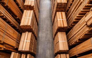 High angle view of storage racks filled with wooden planks and beams photo