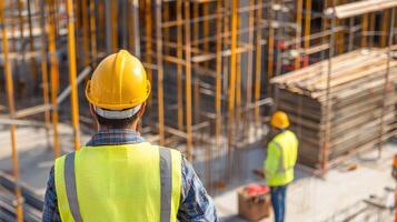 Construction site with workers overseeing modern building progress photo