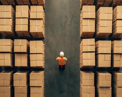 Efficient warehouse management with worker overseeing stacked boxes photo