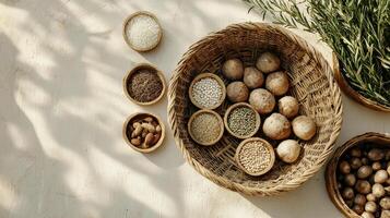 Organic vegetables and seeds arranged in zero waste basket, showcasing natural textures and earthy tones photo
