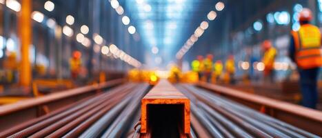 Construction site with workers installing steel beams and materials, showcasing busy industrial environment photo