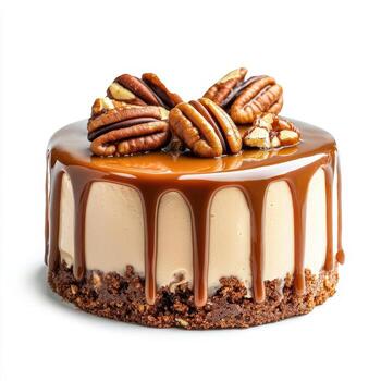 Decadent caramel pecan turtle cake with glossy textures and warm tones photo