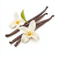 Aromatic vanilla beans with delicate flowers, perfect for baking and flavoring photo
