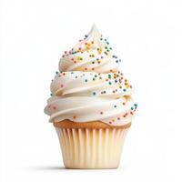 Delicious frosted cupcake topped with colorful sprinkles, perfect for celebrations photo