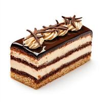 delicious slice of opera cake featuring layers of chocolate glaze, cream, and sponge. Perfect for dessert lovers photo
