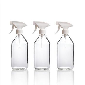 Clear plant sprayer bottles arranged in row, showcasing their sleek design and functionality. Ideal for gardening and home use photo