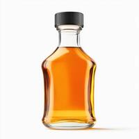sleek close up of glass bottle filled with amber liquid, showcasing its smooth curves and rich color photo
