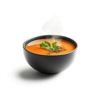 steaming bowl of hot soup garnished with fresh herbs, perfect for warming up photo