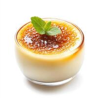 creamy dessert with caramelized sugar topping and mint garnish, perfect for indulgence photo