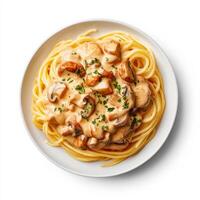 Creamy mushroom stroganoff spaghetti with fresh herbs and pasta photo