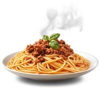 plate of bolognese spaghetti with lifelike meat sauce and fresh basil, steaming hot and delicious photo