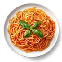 Delicious plate of spaghetti marinara with vibrant red sauce and fresh basil photo