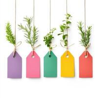 Colorful plant labels with herbs hanging on twine create vibrant display photo