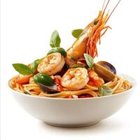 delicious seafood spaghetti dish featuring shrimp, clams, and fresh basil, perfect for seafood lovers photo