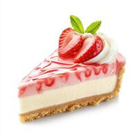 Delicious strawberry cheesecake slice topped with whipped cream and fresh strawberries, perfect for dessert lovers photo