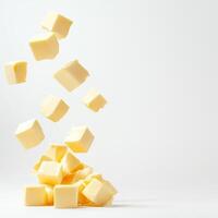 Creamy butter cubes falling on white background, creating soft lit kitchen scene photo