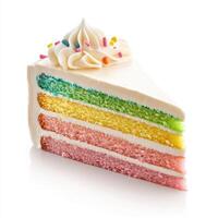 vibrant rainbow cake slice with colorful layers and frosting, perfect for celebrations photo