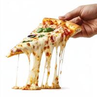 Delicious hot pizza slice being pulled apart, showcasing gooey cheese and toppings photo