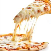 Hot cheese pizza slice being pulled apart, showcasing gooey melted cheese and crispy crust, perfect for pizza lovers photo