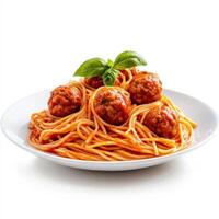 Delicious plate of spaghetti with meatballs and fresh basil garnish, perfect for hearty meal photo