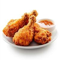 Crispy fried chicken drumsticks served with spicy dipping sauce, perfect for sharing photo