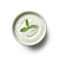 Creamy blue cheese dressing in bowl with fresh basil leaves on top photo