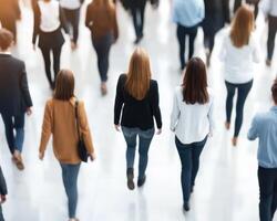 Business professionals walking in corporate hallway, showcasing busy atmosphere and diverse attire, reflecting dynamic work environment photo