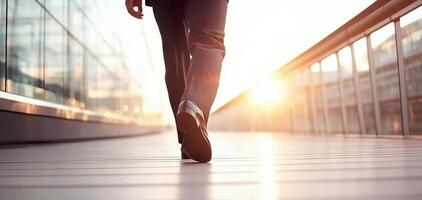 Man walking confidently in modern urban setting during sunset, showcasing determination and progress photo