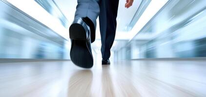 Modern urban business interior showcasing fast paced movement with man walking confidently in sleek environment photo