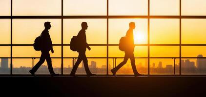 Professionals walking in airport at sunset, showcasing busy lifestyles photo