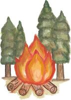 a drawing of a campfire with trees in the background watercolor illustration vector