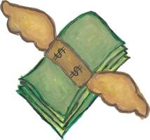 a drawing of a stack of green money with wings watercolor vector