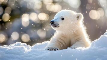 Adorable Baby Polar Bear Playing in the Snow, Perfect for Winter-Themed Projects photo