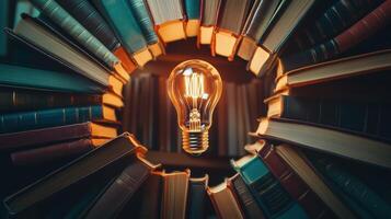 Illuminating Ideas A Glowing Light Bulb Surrounded by Books Signifying Knowledge photo