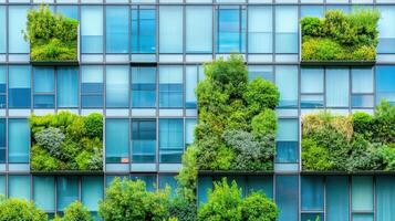 Modern Glass Building Surrounded by Green Plants Ideal for Urban Architecture Projects photo
