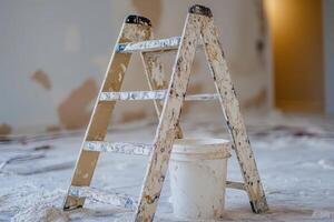 Close-Up View of a Ladder and Paint Bucket for Home Renovation Projects photo
