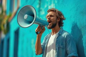 Man Holding a Megaphone to Deliver Important Public Message with Clarity and Passion photo