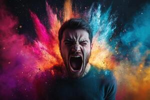 Dramatic Image of a Man Screaming Amidst a Colorful Explosion for Creative Projects photo