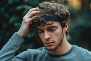 Man Monitoring Brain Waves with a Smart Ring for Health Insights and Wellness Tracking photo