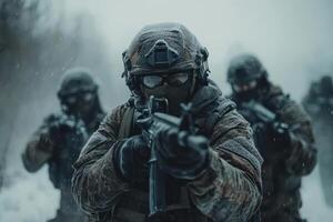 Highly Trained Military Squad Equipped with Full Gear on a Battlefield for Strategic Operations photo