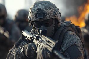 Military Squad in Full Gear Displaying Team Unity on the Battlefield photo