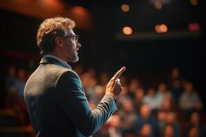 Inspiring Motivational Speaker Engaging with a Captivated Audience at a Public Event photo