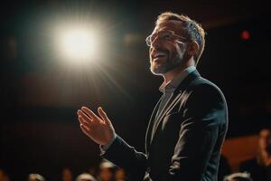 Dynamic Motivational Speaker Inspiring a Large Audience in an Engaging Setting photo