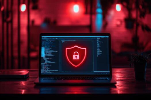 Open Laptop Displaying a Red Shield and Padlock Symbol for Cybersecurity Concept photo
