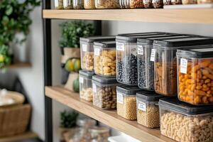 Organized Pantry Setup with Labeled Plastic Containers for Ideal Storage Solutions photo